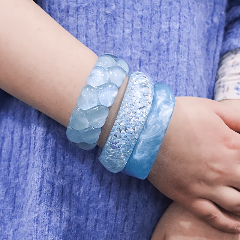 3pcs Blue Ocean Series Stackable Resin Bracelets, Beach Style